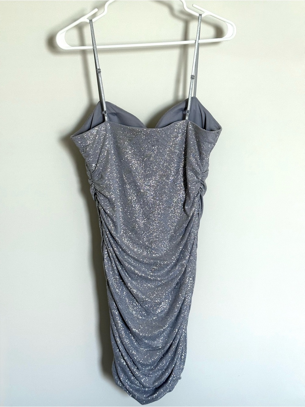 Emerald Sundae Silver Glitter Draped Cowl Neck Ruched Mini Dress Large - Picture 5 of 14